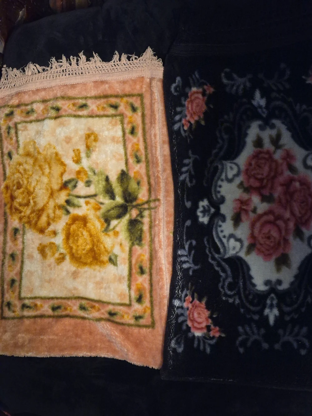 Vintage Velvet Floral Fringed Pillowcases Black Pink Mix Match Pair